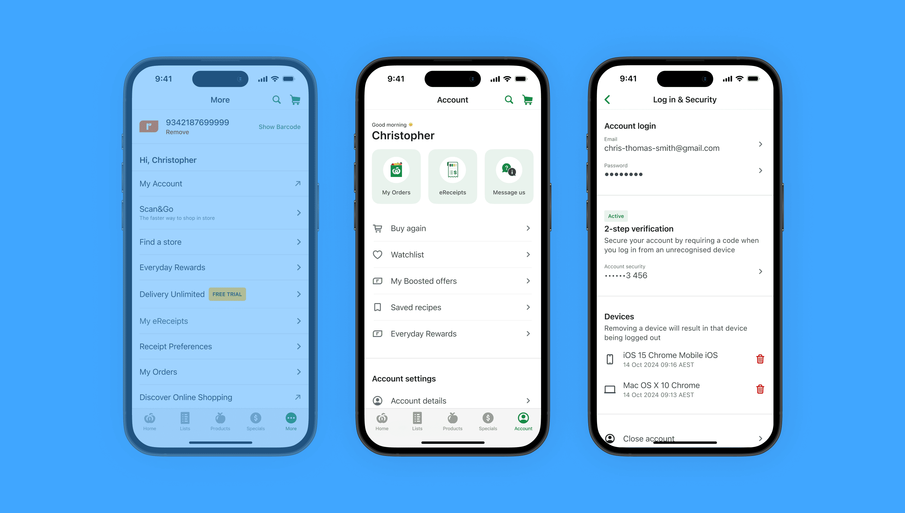 Three mobile screens: More menu, account tab, and log in and security page