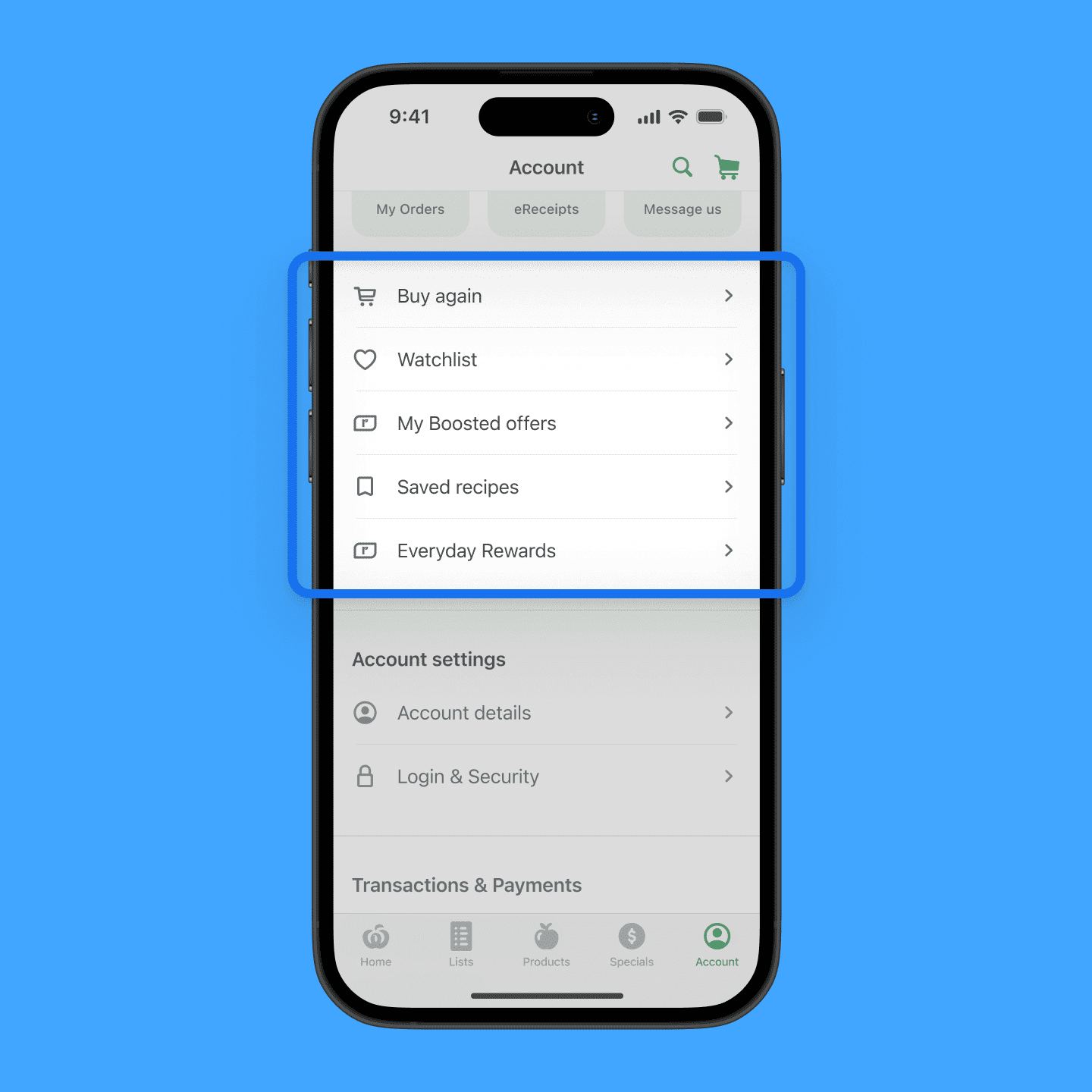 Curated items highlighted on Account tab screen