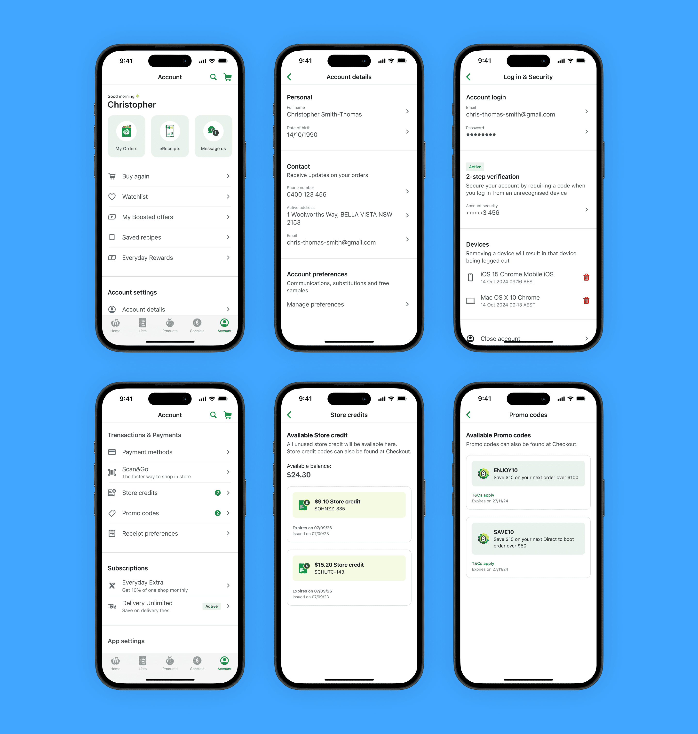 Three mobile screens: Account tab, account details page, and login and security page