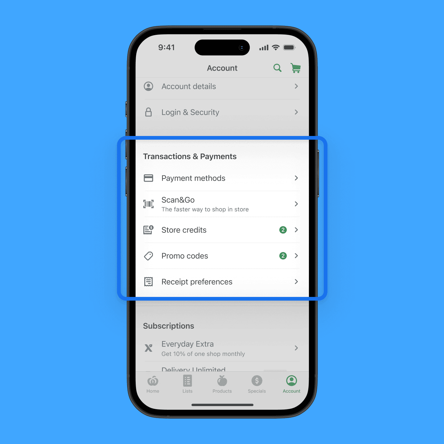 Transactions and payments highlighted on Account tab screen