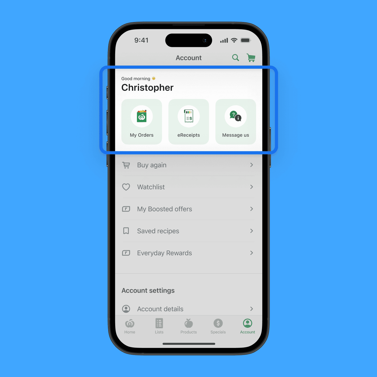 Quick links highlighted on Account tab screen