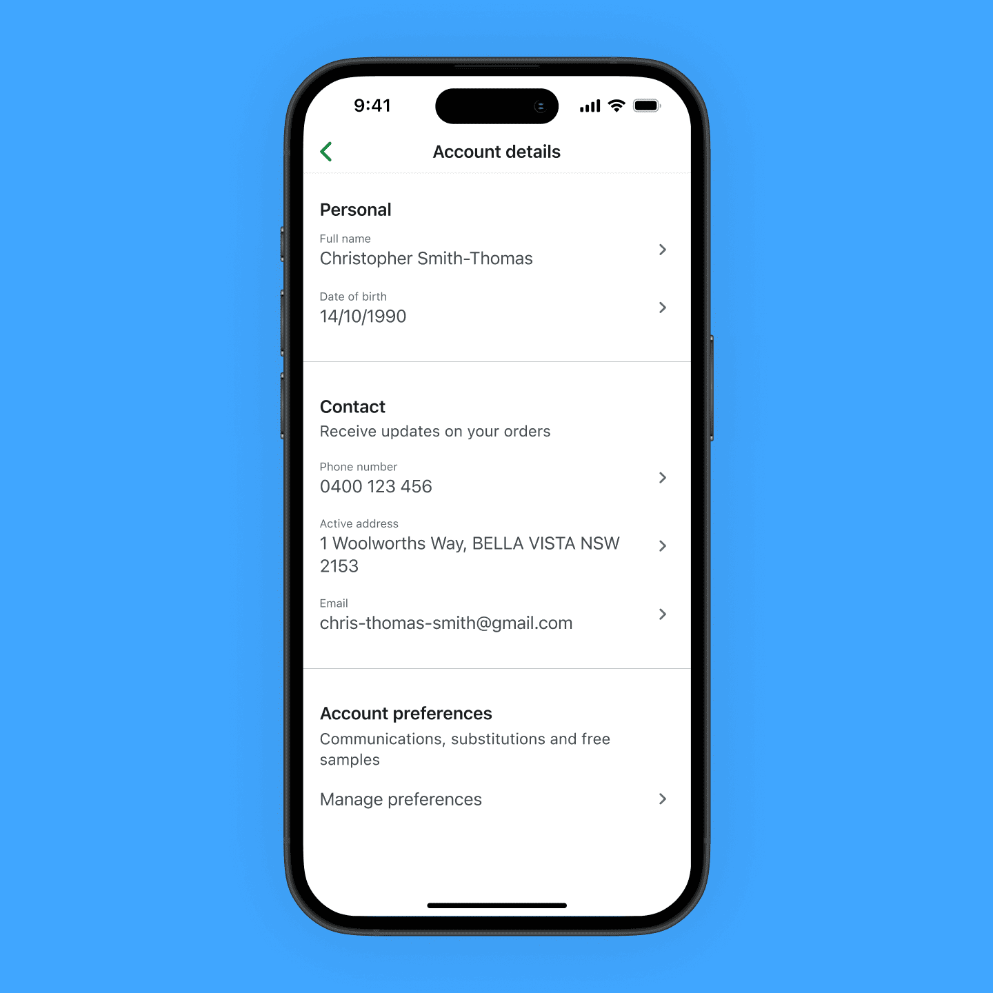 Account settings highlighted on Account tab screen
