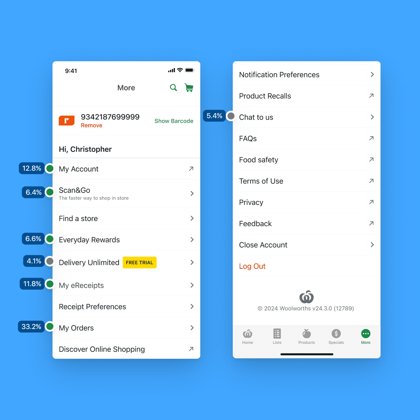 Two mobile screens: More menu top half, More menu bottom half, with usage statistics