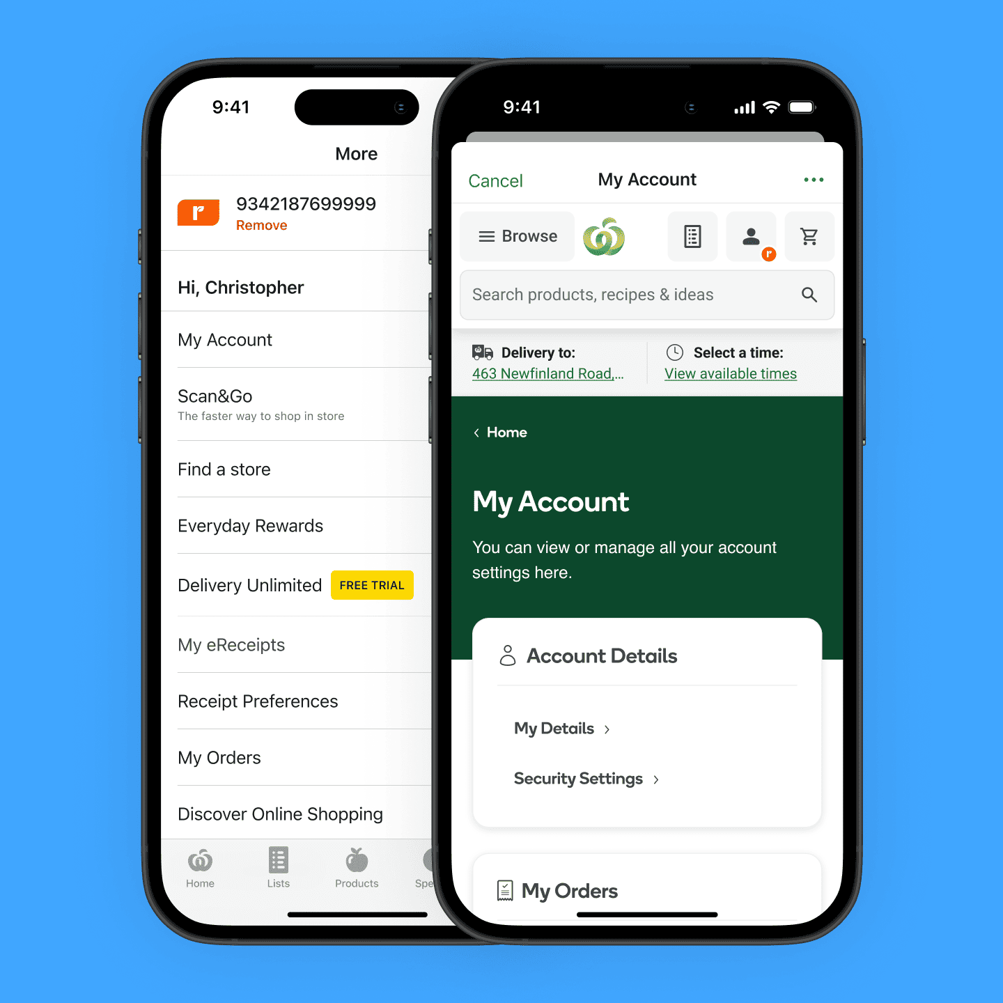 Two mobile screens: More menu, and My Account WebView