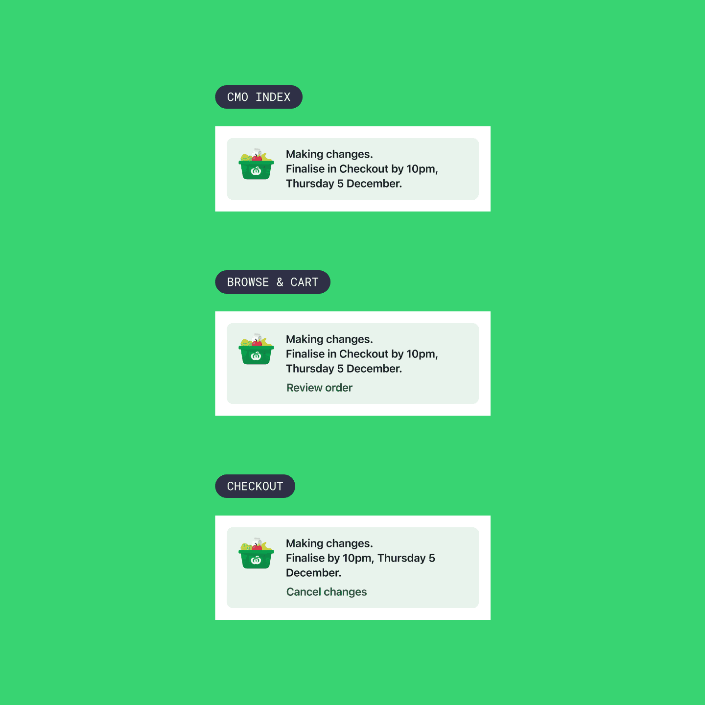 Three instances of a broadcast banner, with the bottom two containing action links