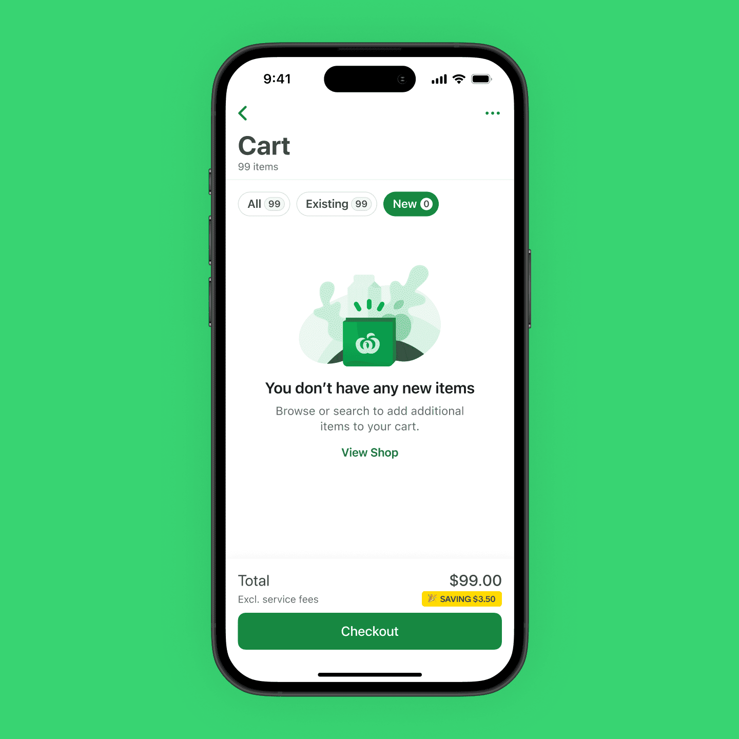 Cart screen with active filter chip named New