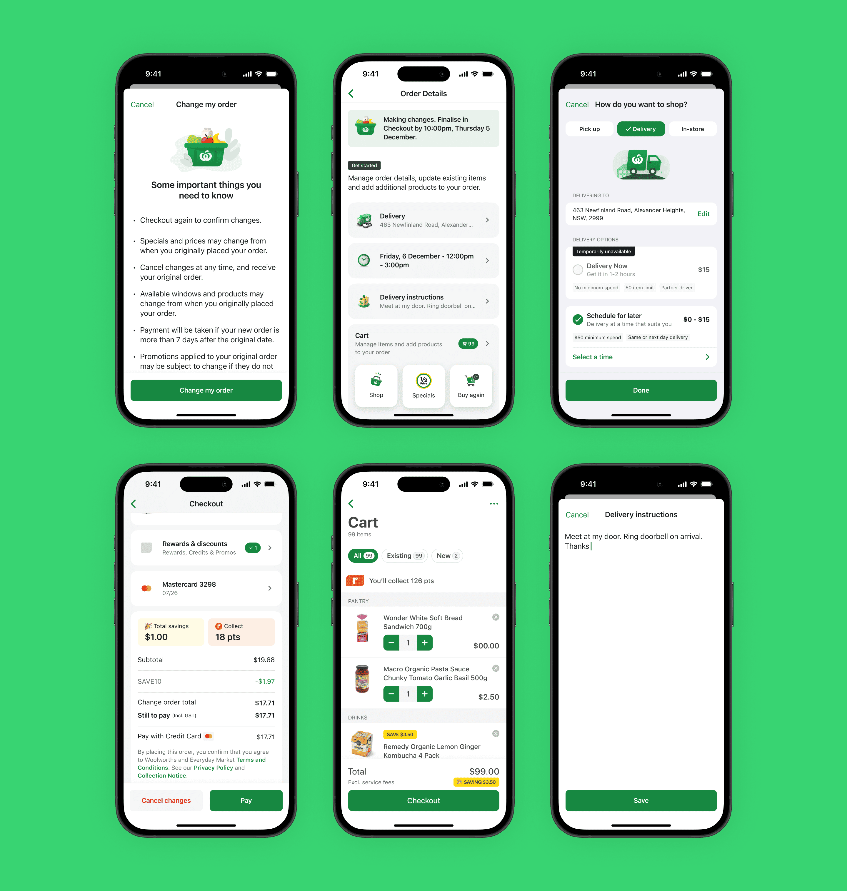 Six mobile screens: Change order conditions, order details in change mode, fulfilment method selector, cart with existing products, delivery instructions text editor, and checkout