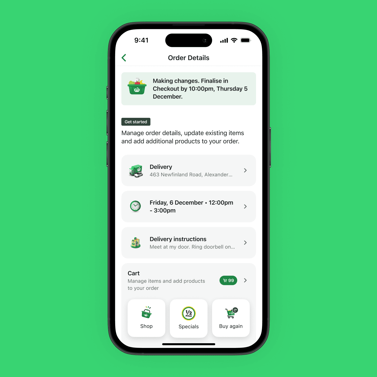 Change my order screen containing key tasks