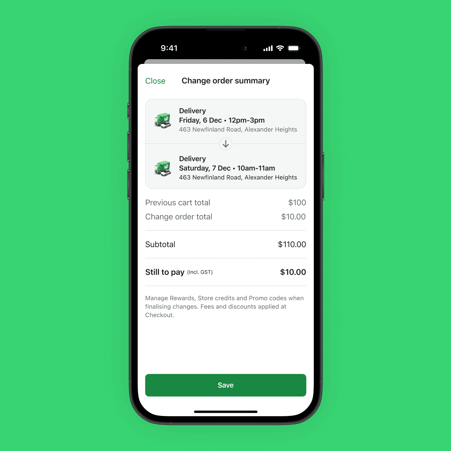 Change order summary screen containing changes made