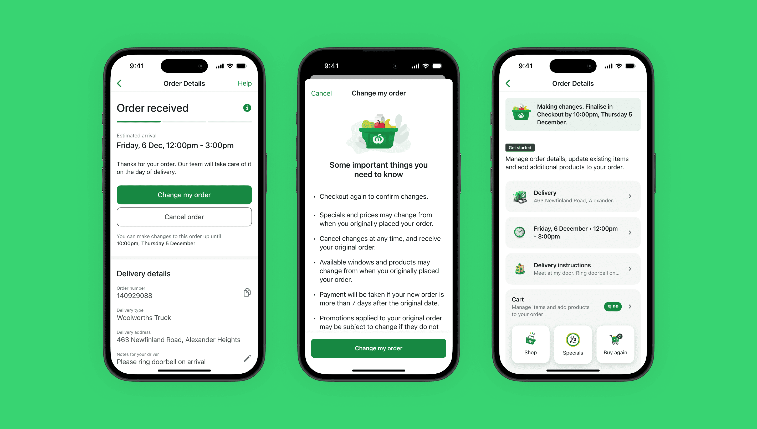 Three mobile screens: Order details, change order conditions, and order details in change mode