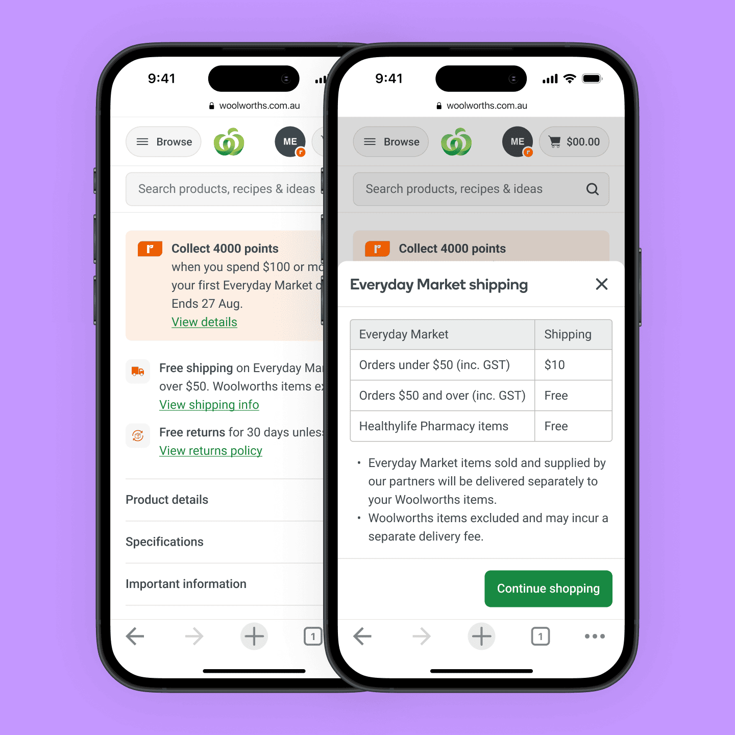 Two screens: Everyday Market offer and shipping information expanded