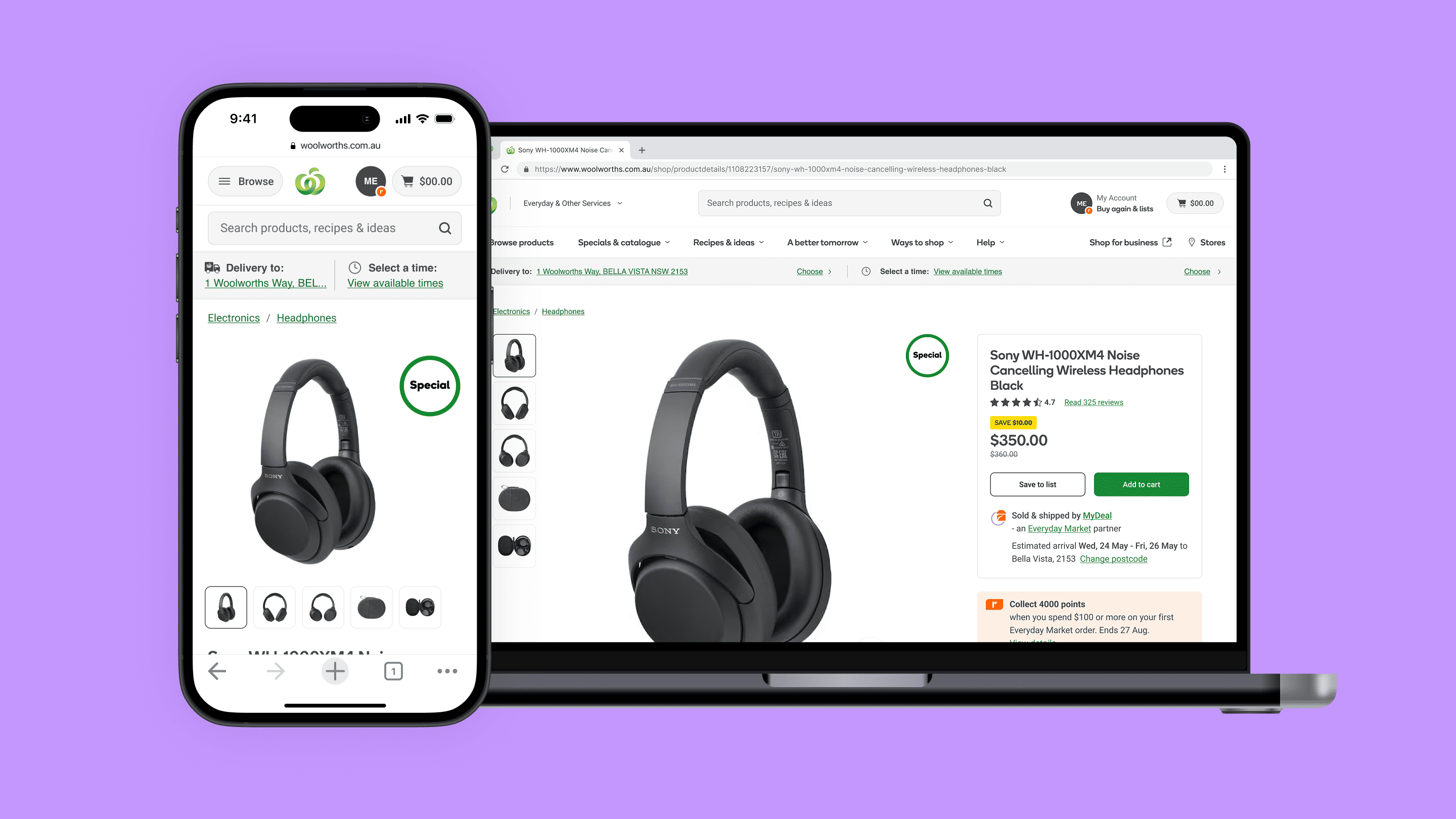 Mobile and desktop screen containing product details page for Everyday Market