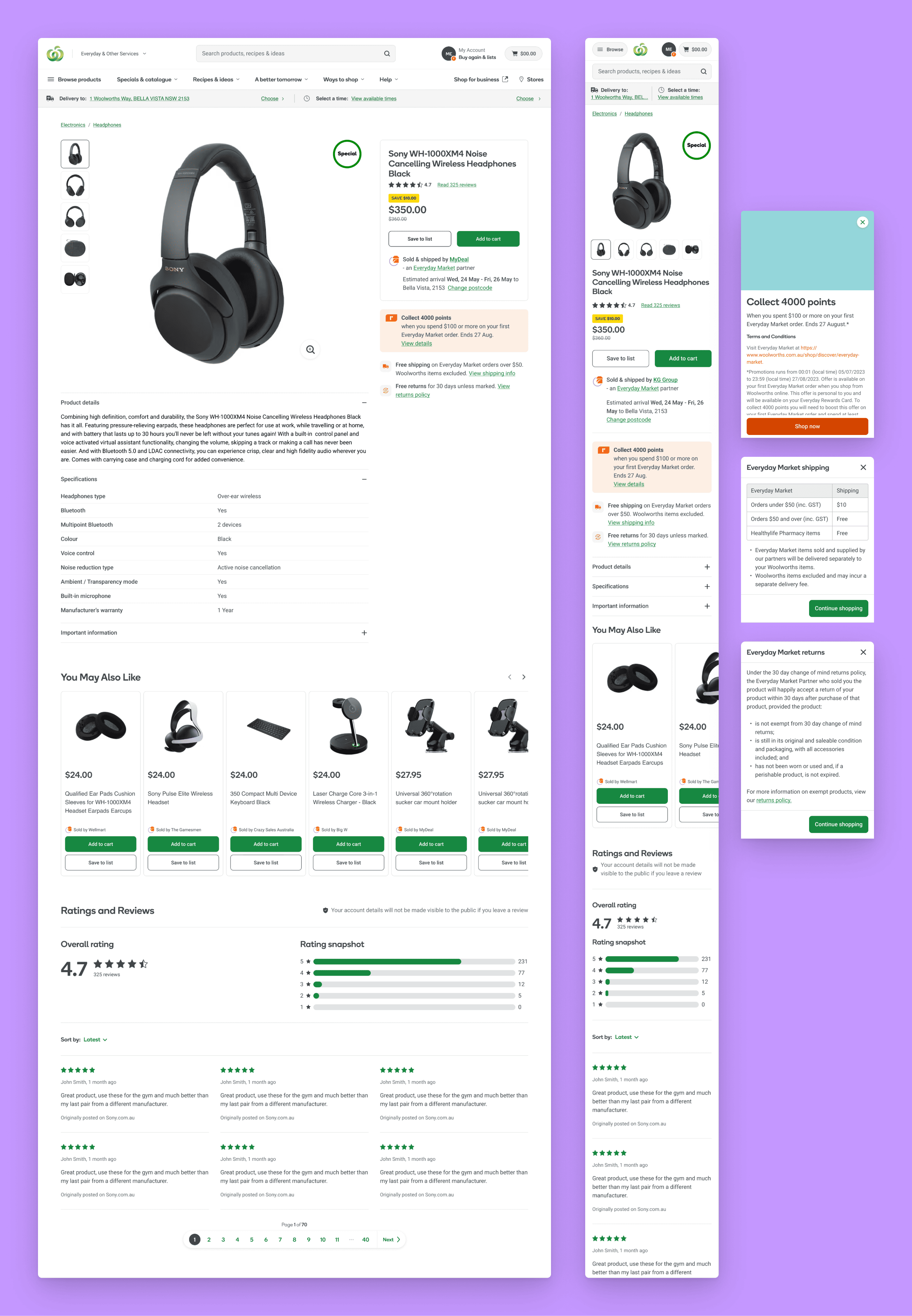 Two screens: Everyday Market product details page in desktop and mobile format